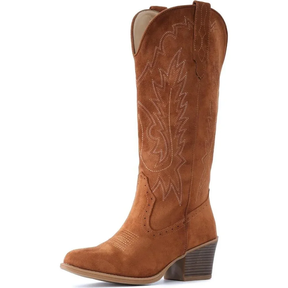 Women Brown Chunky Heel Pointed Toe Cowgirl Mid Calf Embroidery Western Boots